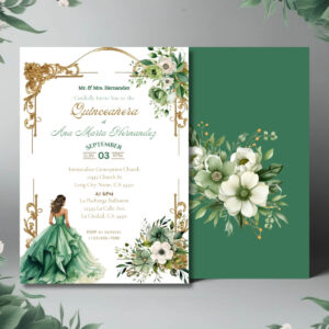 Sage green floral quinceañera printable invitation with frame