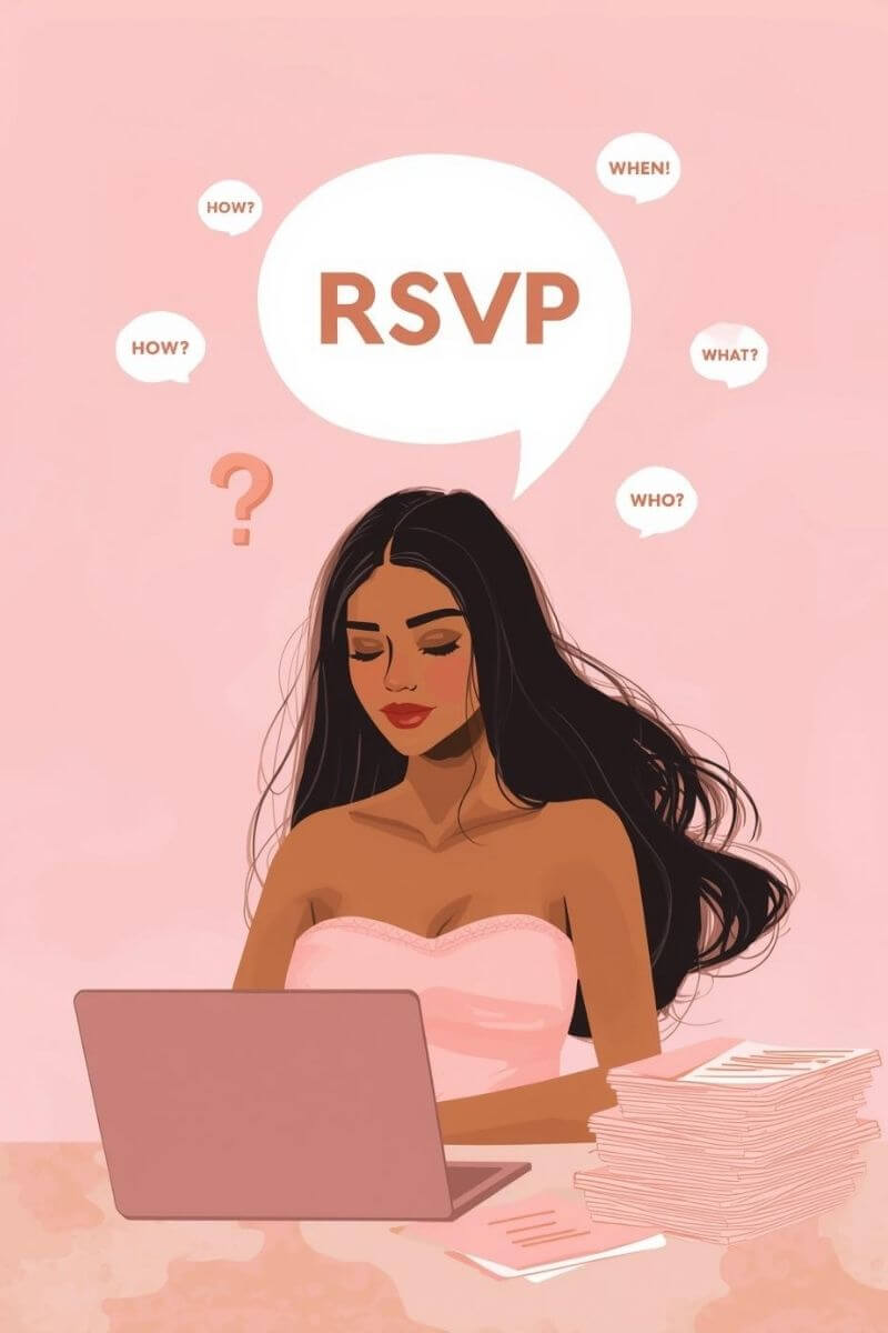 Woman looking at her laptop with the word RSVP above her head in a speech bubble.