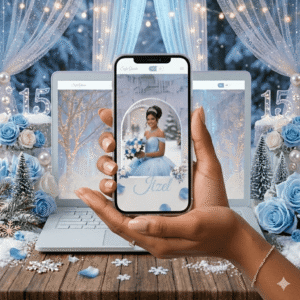 Winter wonderlan mobile and laptop view rsvp website hands holding phone