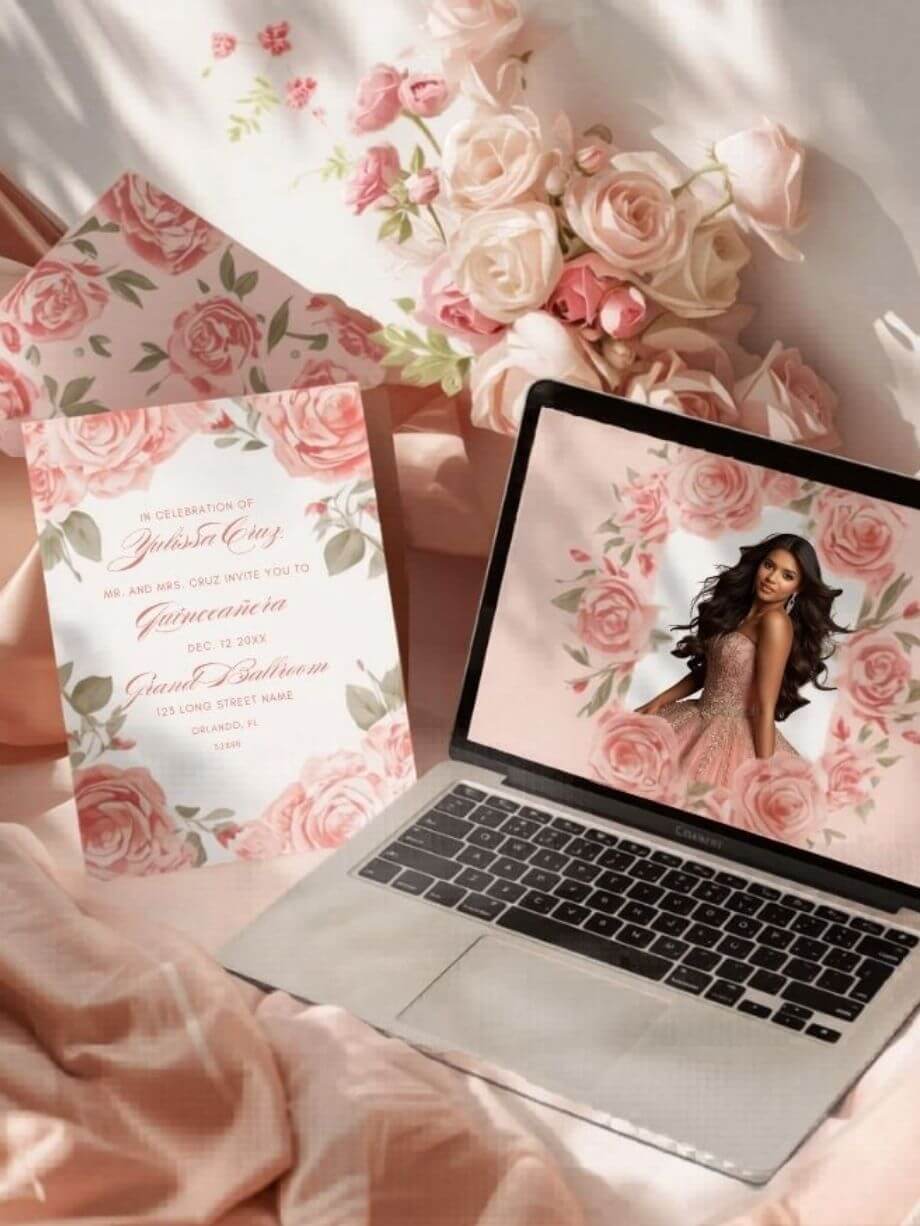 Quinceañera RSVP invitation website shown on a laptop beside a printed invitation card