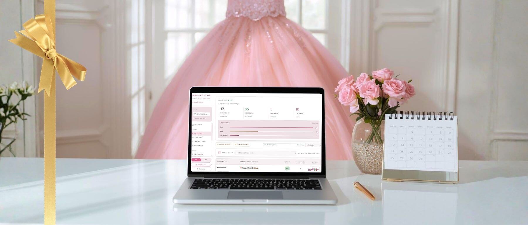 view of laptop with rsvp tallies, quince dress, and calendar View of laptop with rsvp tallies, quince dress, and calendar