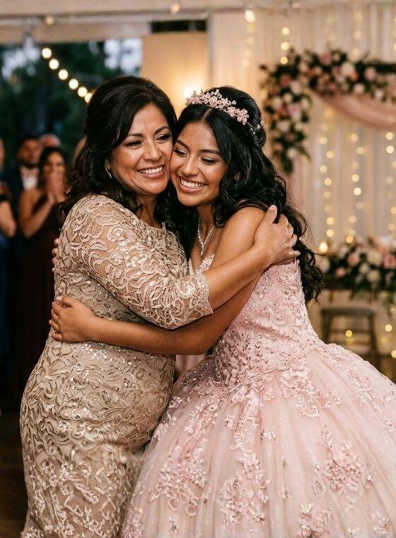 A mother and her quinceañera daughter hugging