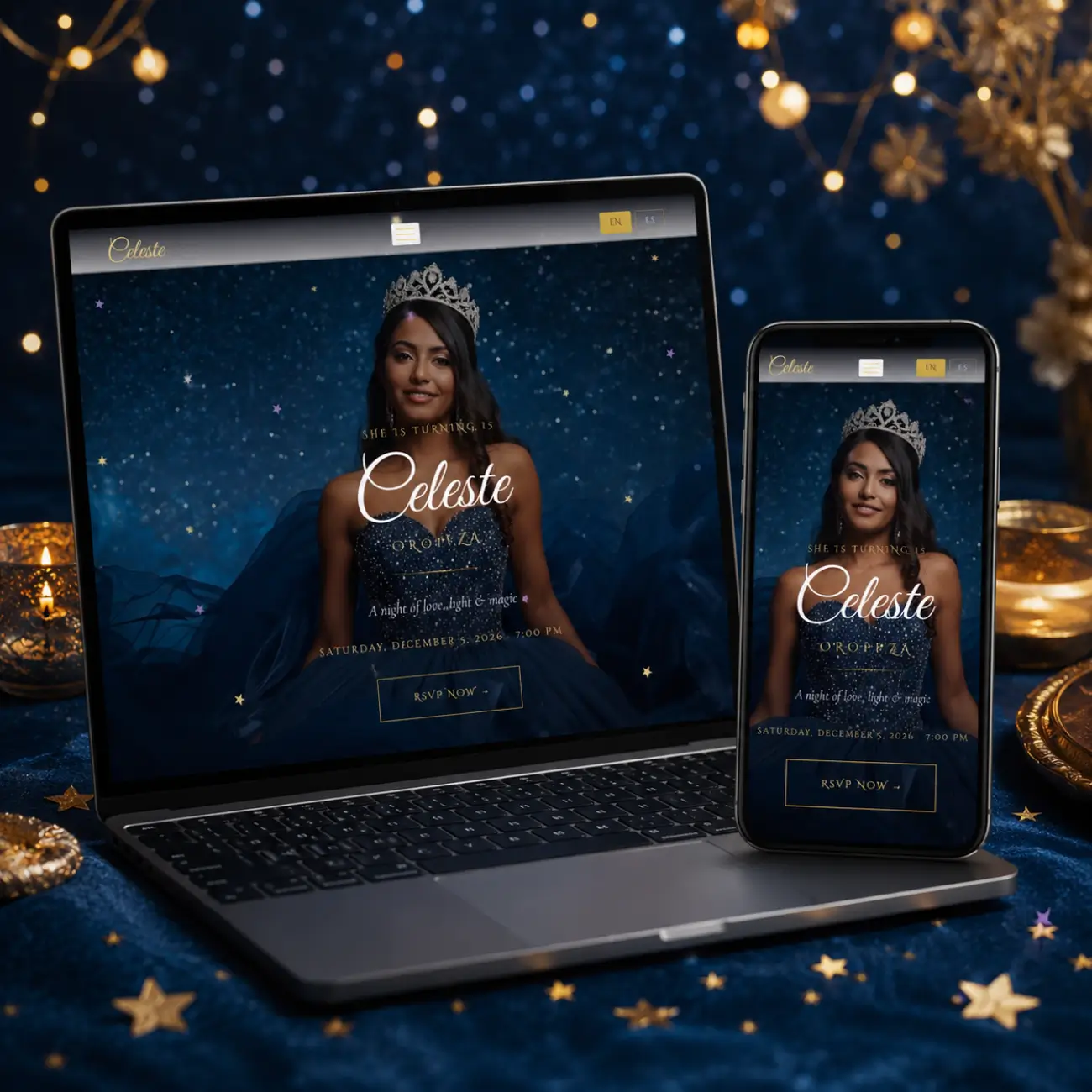 Starry Night Under the Stars Quinceanera Website laptop and phone view