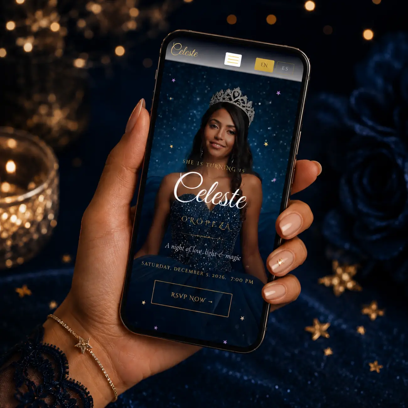 Starry Night Under the Stars Quinceanera Website phone mockup