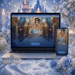 Cenicienta quinceanera blue princess website laptop and phone view with castle background.