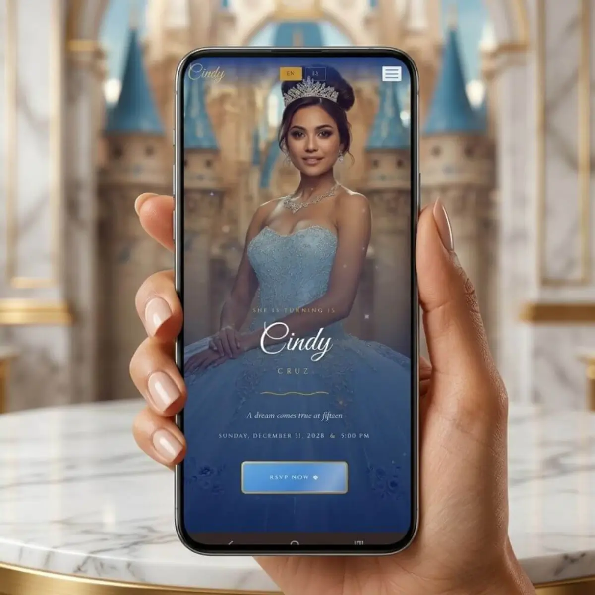 Cinderella quinceanera blue princess website hand holding phone