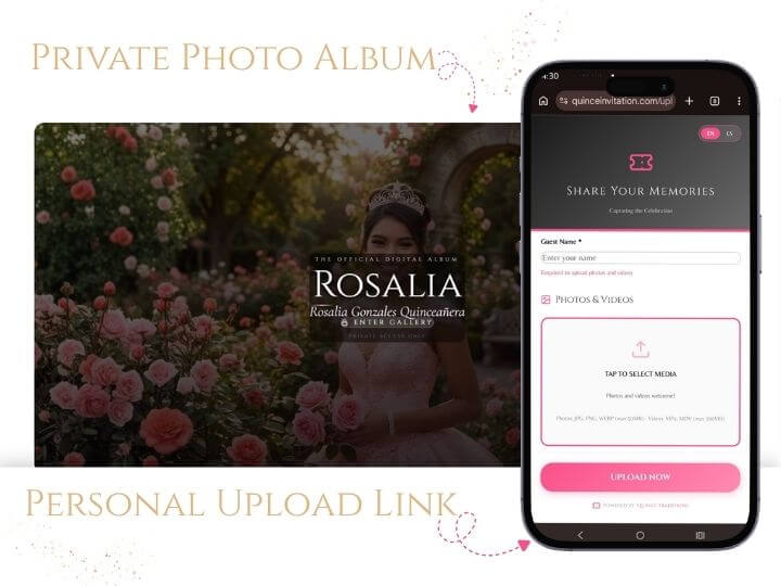 A private, passcode-protected quinceañera photo album