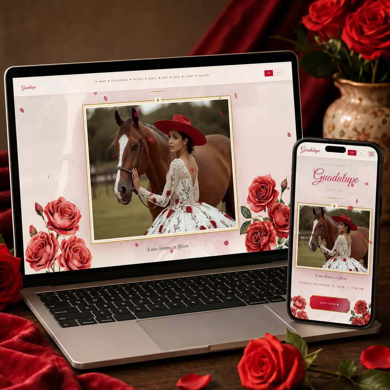 White and red charra quinceañera digital invitation mobile view and laptop view