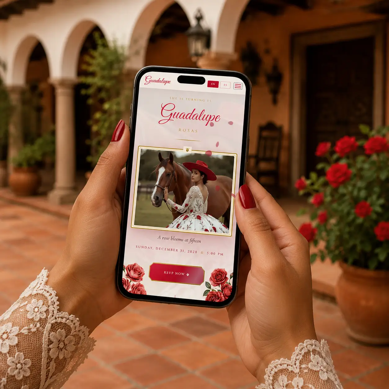 White and red charra quinceañera digital invitation mobile view
