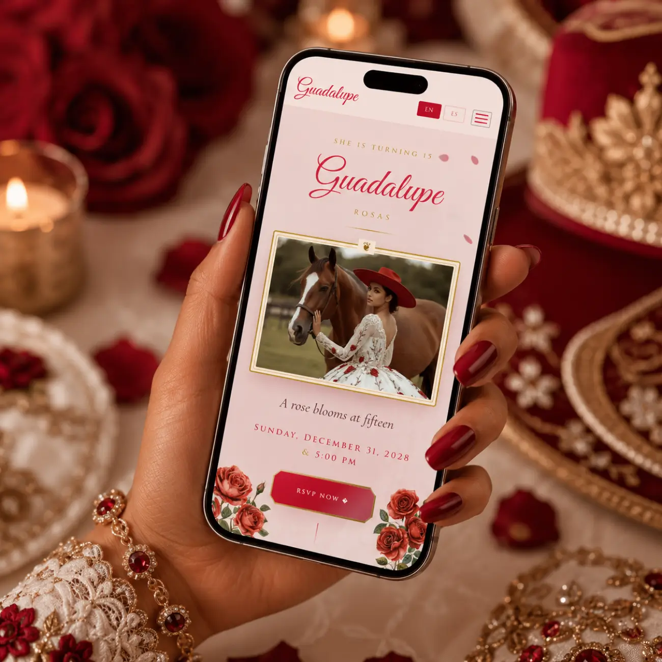 White and red charra quinceanera theme phone view