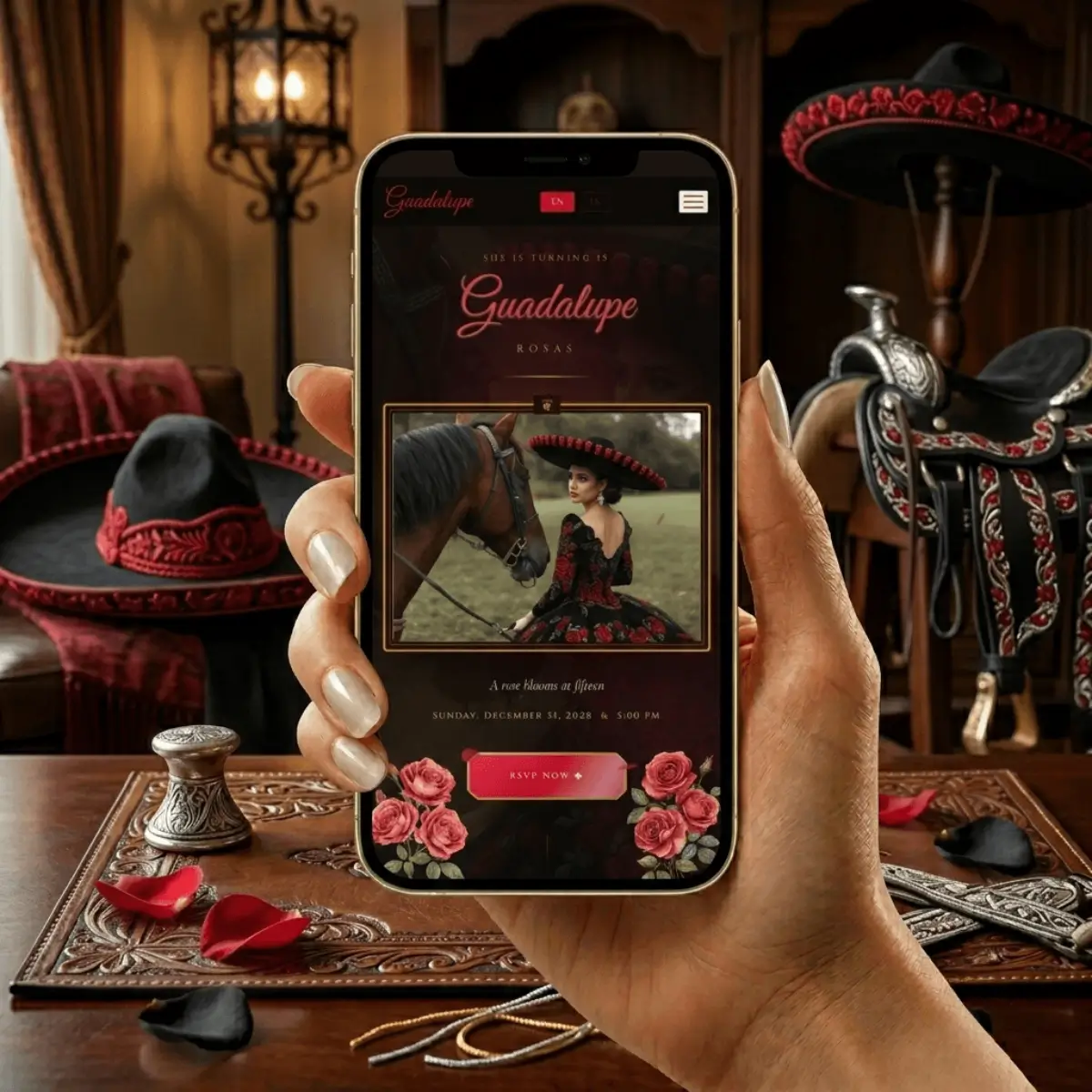 Black and Red Charra Quinceanera hand holding phone view