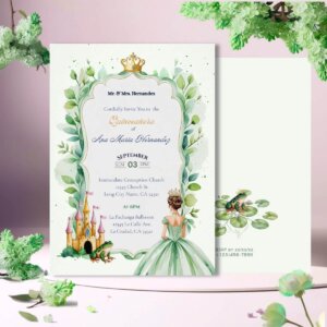 Frog Princess Quince Invitation front back v5 floral elements, quinceanera and frog in front of a castle. on the back there is a frog on lily pads.