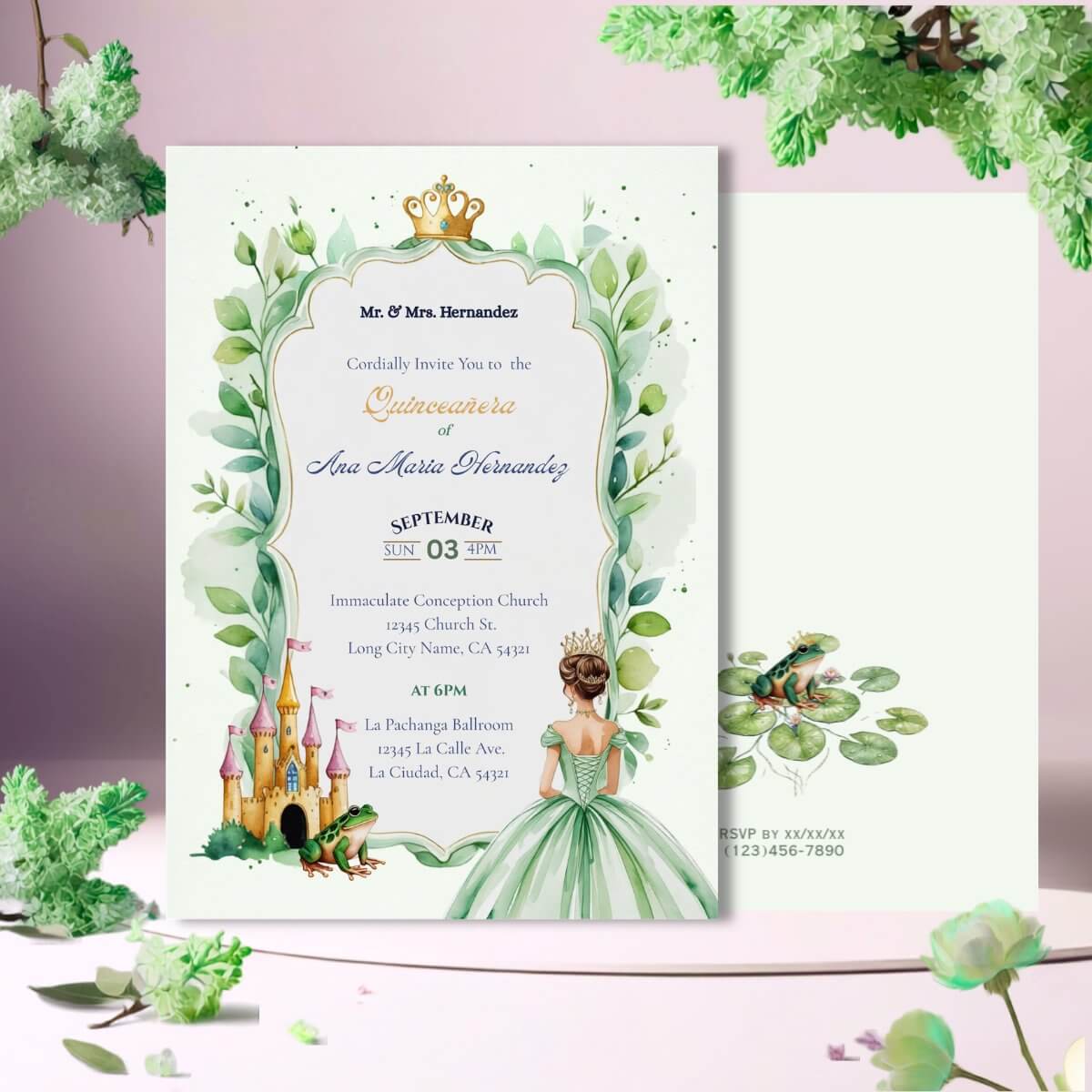 Frog Princess Quince Invitation front back v5 floral elements, quinceanera and frog in front of a castle. on the back there is a frog on lily pads.