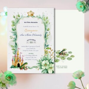 Frog Prince Quince Invite with a castle and frog, along with floral design elements in shadies of green. On the back of the invite there is a frog on lily pads v2