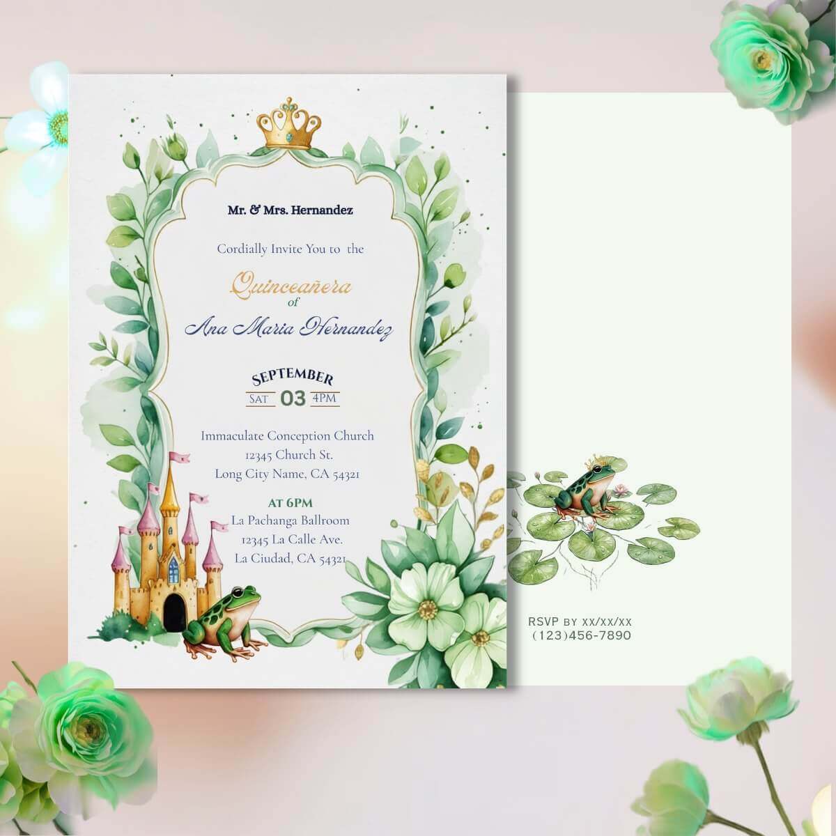 Frog Prince Quince Invite with a castle and frog, along with floral design elements in shadies of green. On the back of the invite there is a frog on lily pads v2