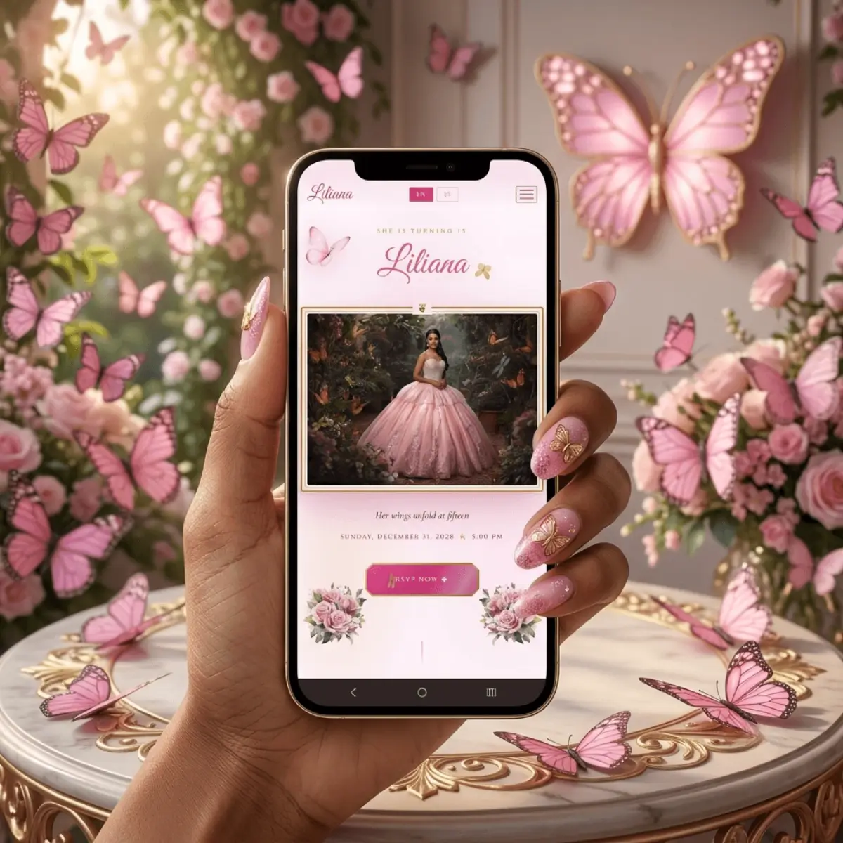 Pink Butterfly Quince Website phone mockup in hand