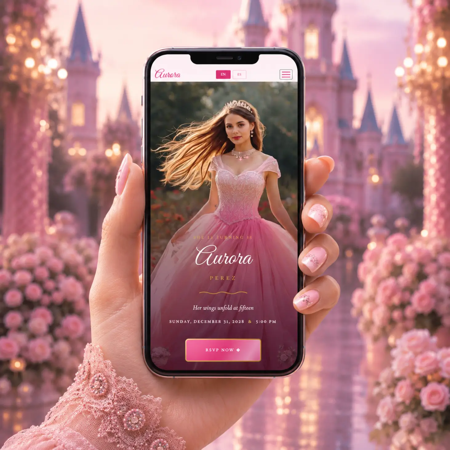 Pink Princess Quinceanera RSVP Invite hand holding phone with invite