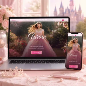 Pink Princess Quinceanera RSVP Invite laptop and phone view,product mockup