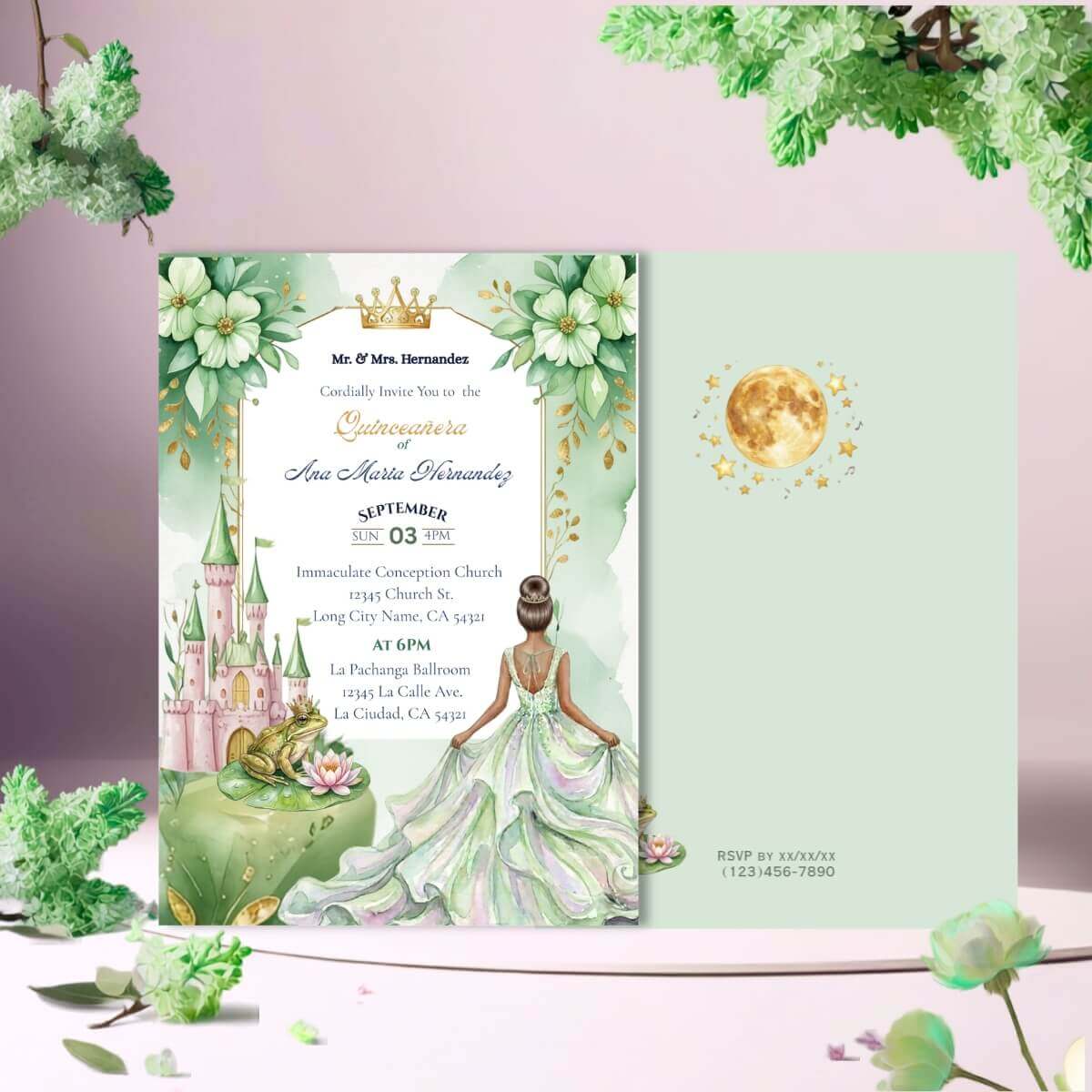 Frog Prince Quince Themed Inspired Invitation V3 Shows a quinceañera, a frog, castle and floral elements in green and gold colors. The back of the invitation shows a full moon and stars, and a frog on lily pads. Printable Invite.