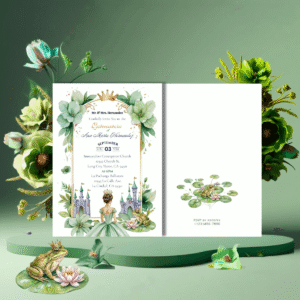 Frog Prince Quinceañera Invitation showinig front and back of invitation on a green background with floral and frog design V1