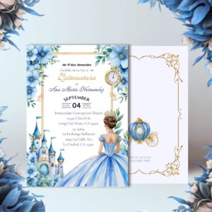 Quince cinderella inspired inviation with clock, castle, and quinceanera, along with floral elements V2