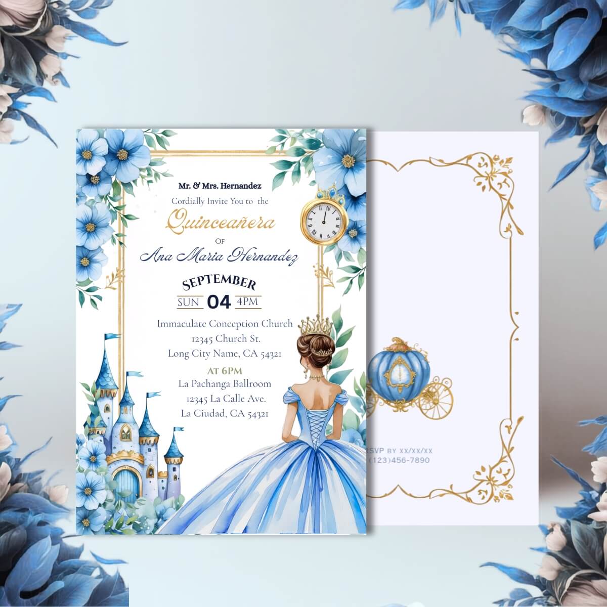 Quince cinderella inspired inviation with clock, castle, and quinceanera, along with floral elements V2