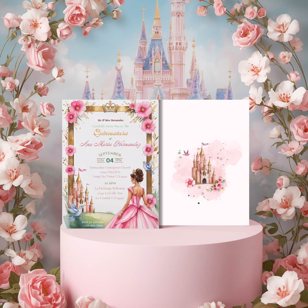 Quinceanera pink princess invitation v4