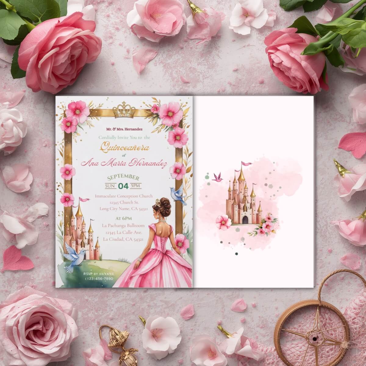 Quinceanera pink princess invitation v4