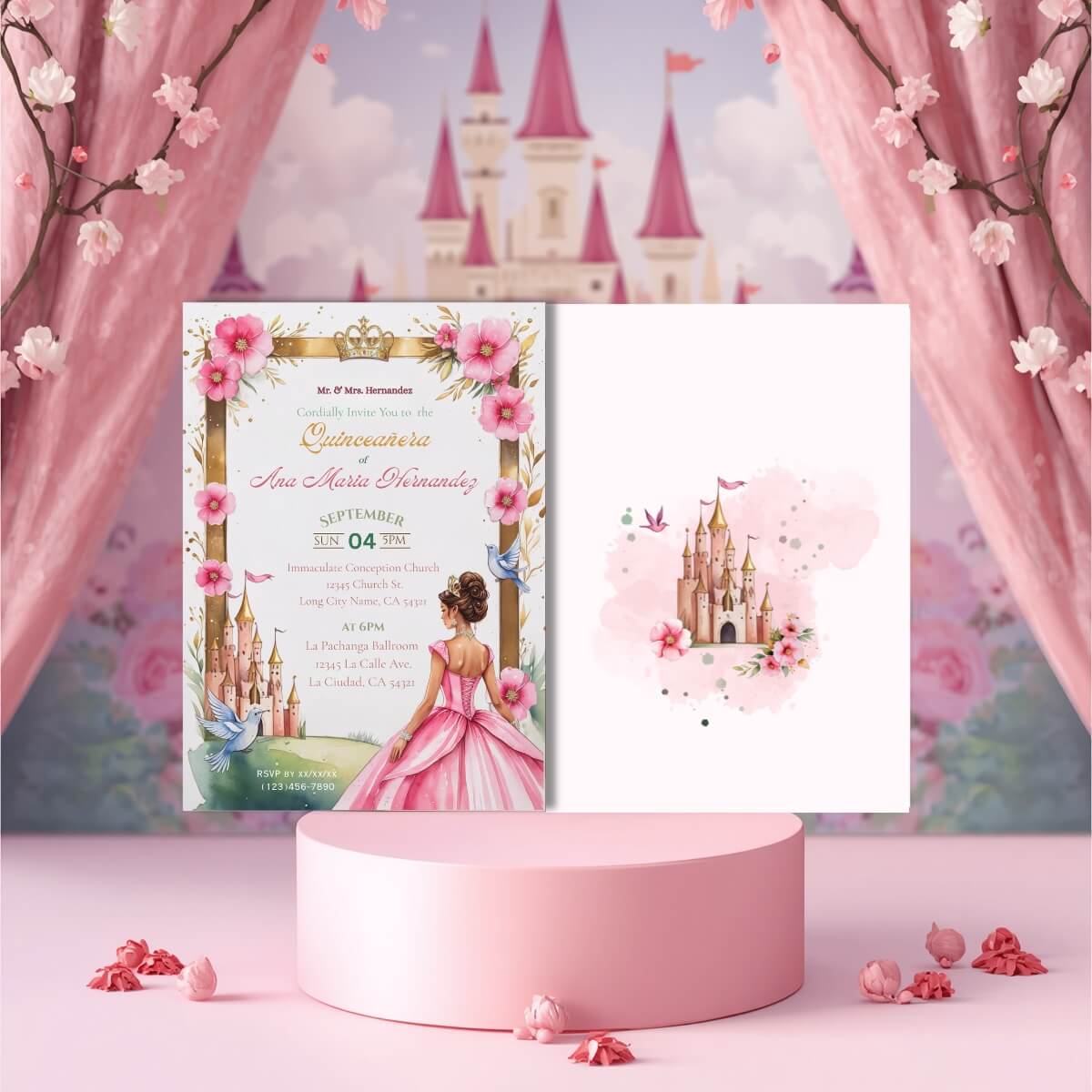Quinceanera pink princess invitation v4