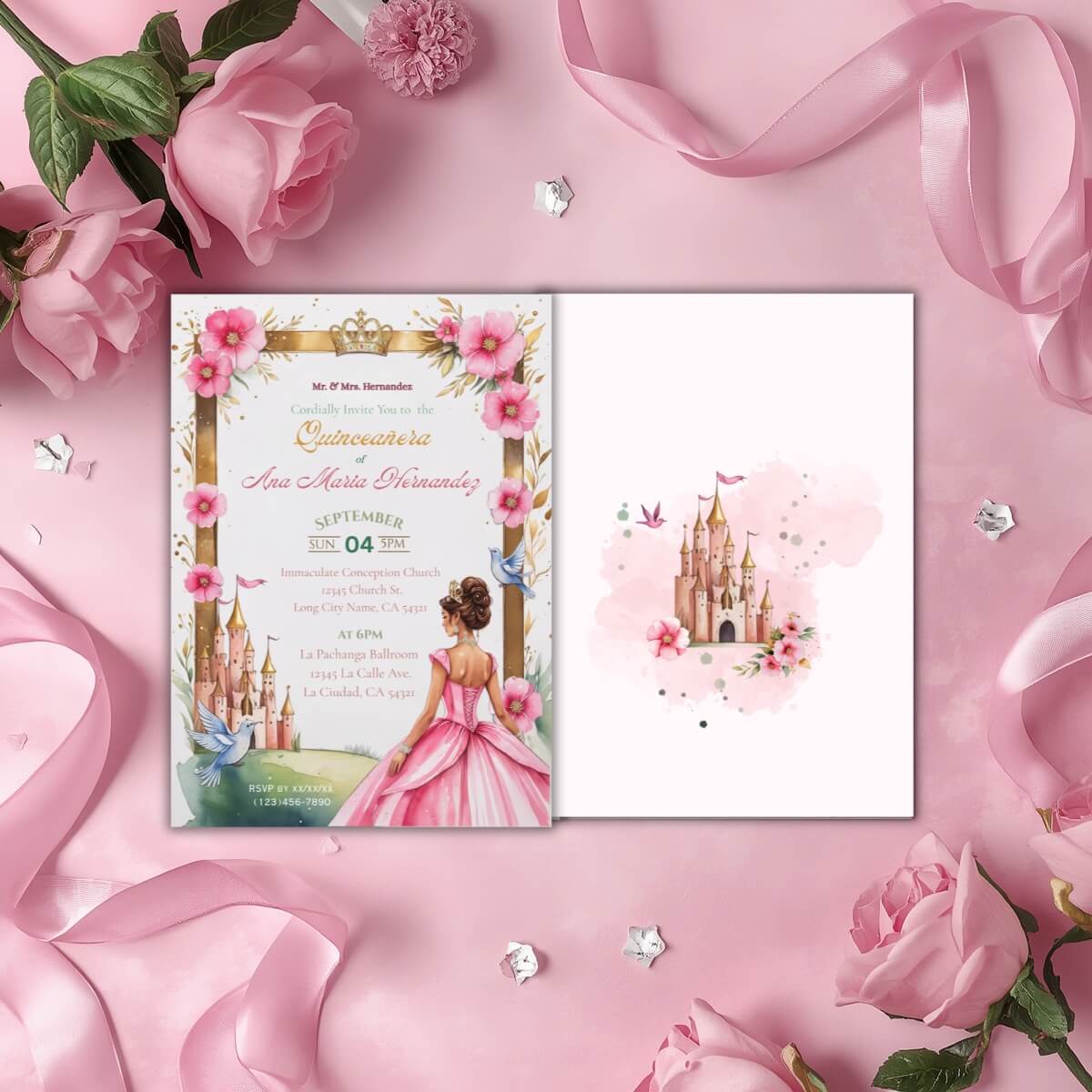 Quinceanera pink princess invitation v4