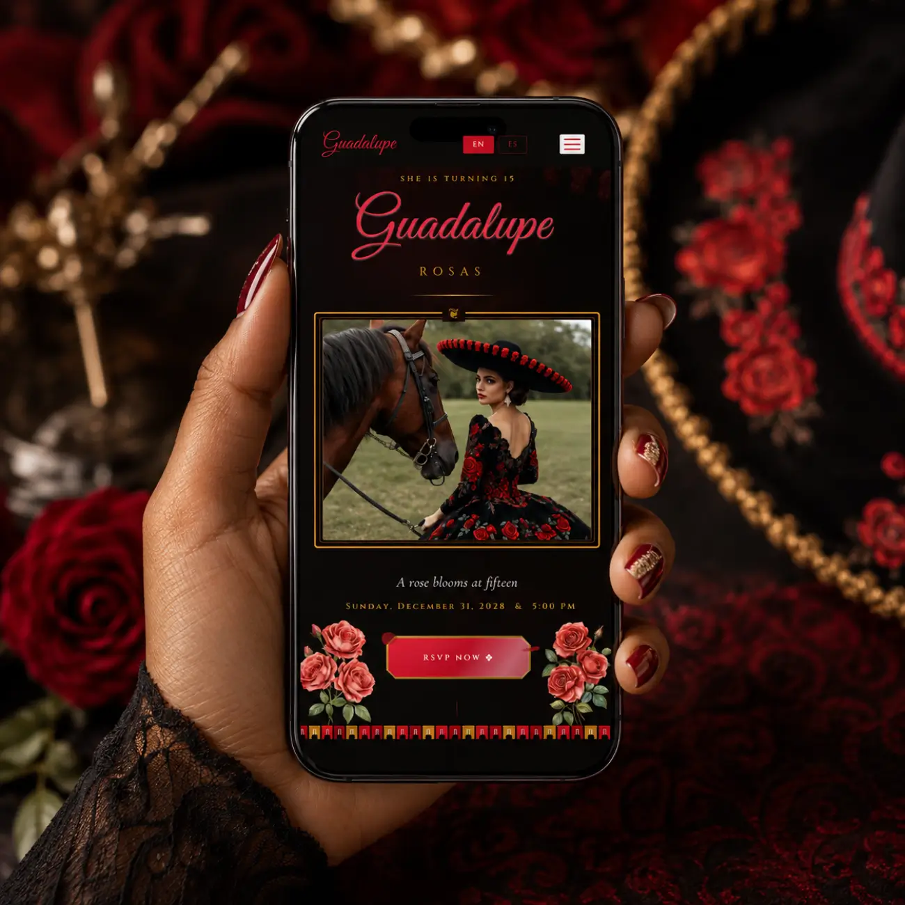 Black and Red Charra Quinceañera Invitation