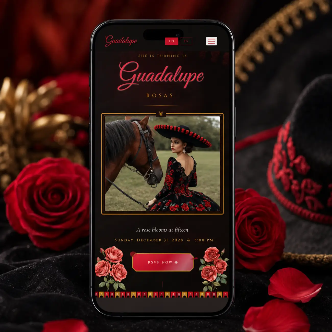 Black and Red Charra Quinceañera Mobie