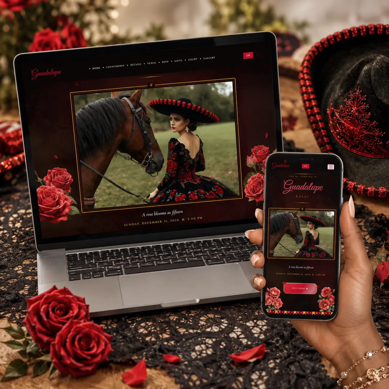 Black and Red Charra Quinceañera with RSVP