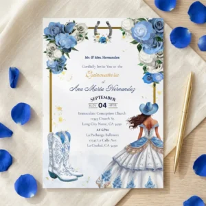 Blue Charra Printed Invite flatlay