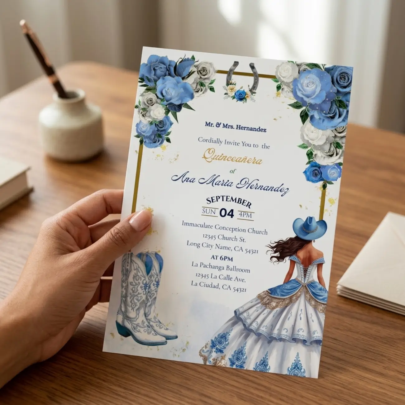 Blue Charra Printed quinceanera invitation