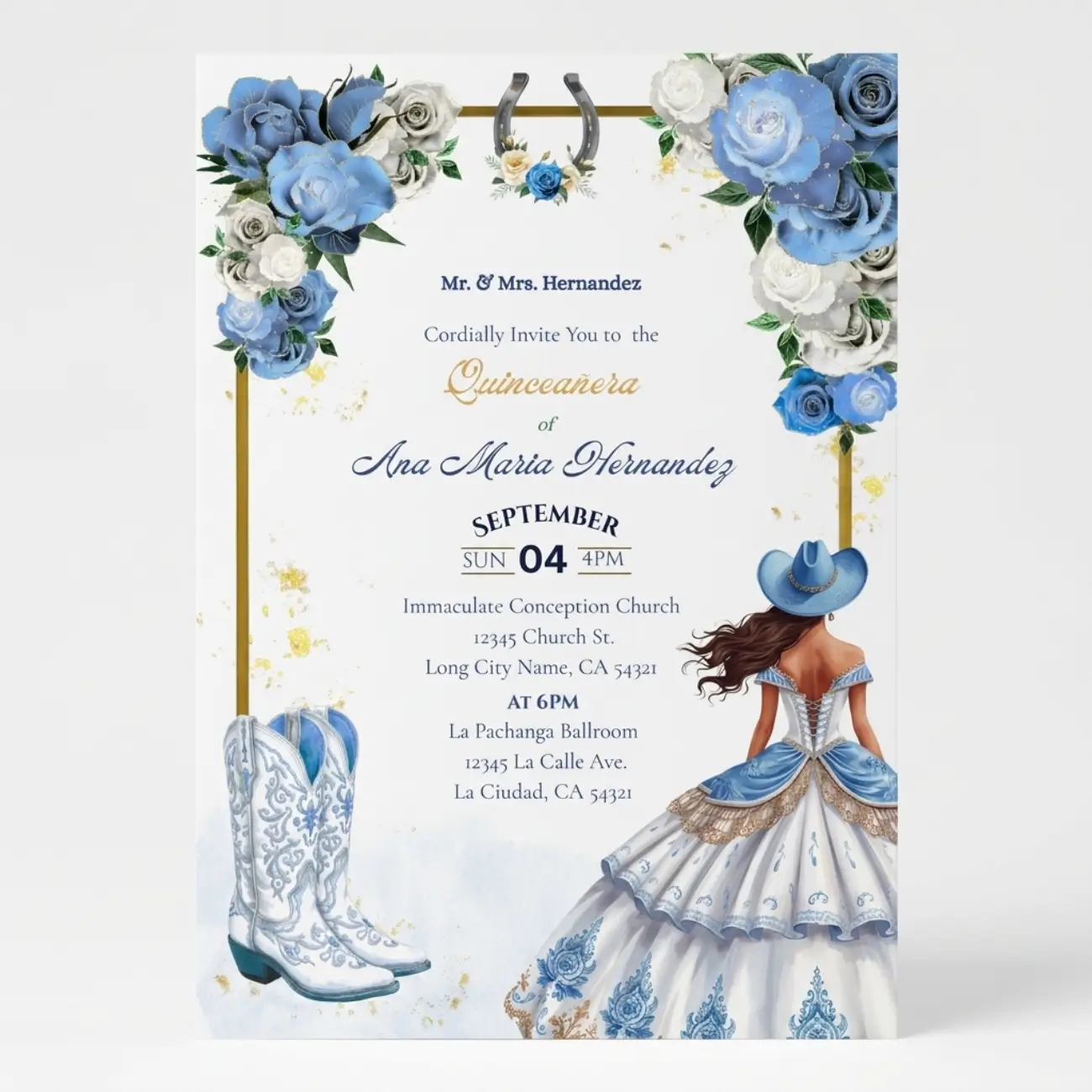 Front blue charra quinceaneara invitation
