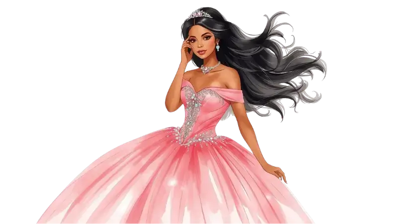 Quinceañera pink dress flowing hair transparent background