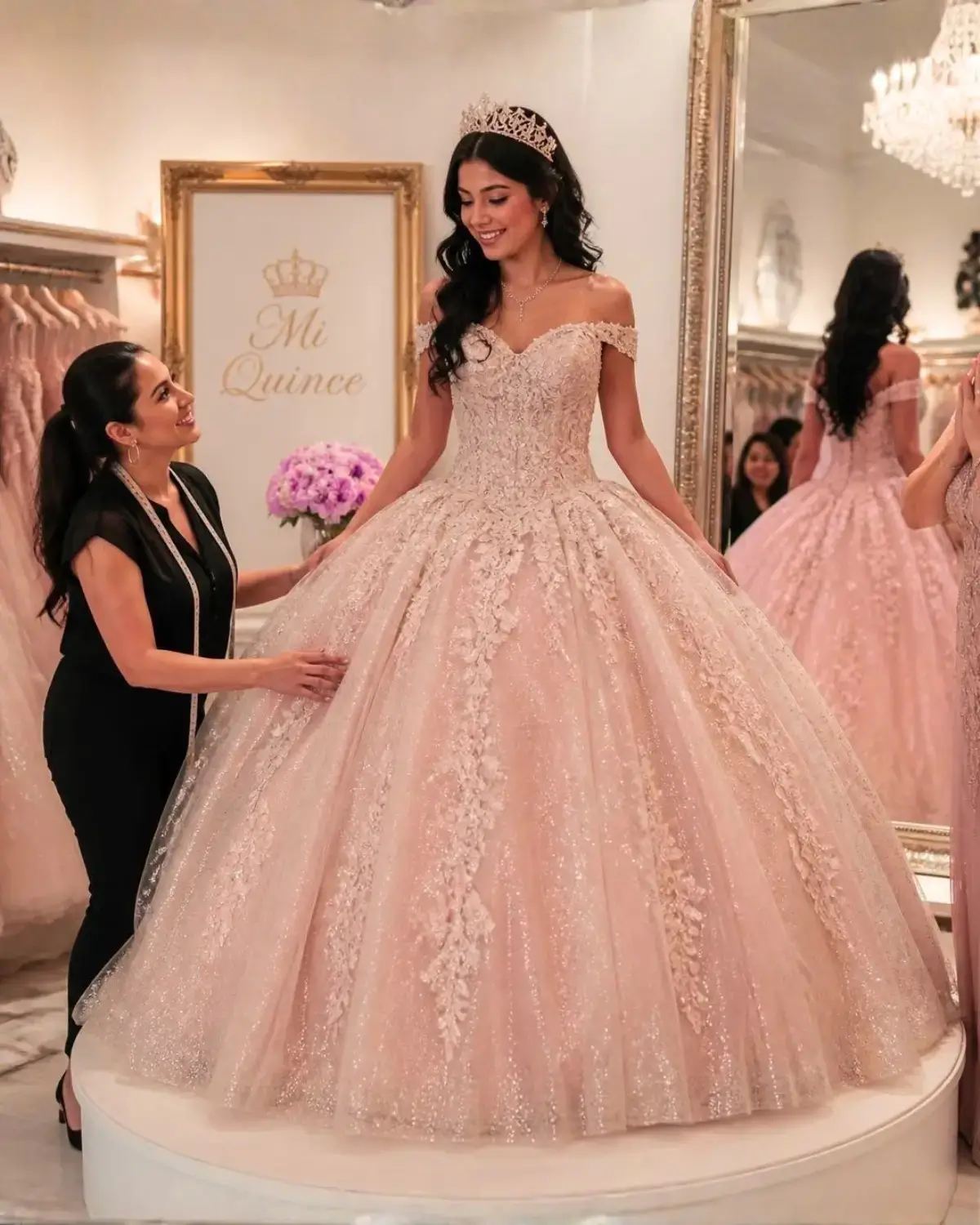 Quinceañera trying on dress seamstress