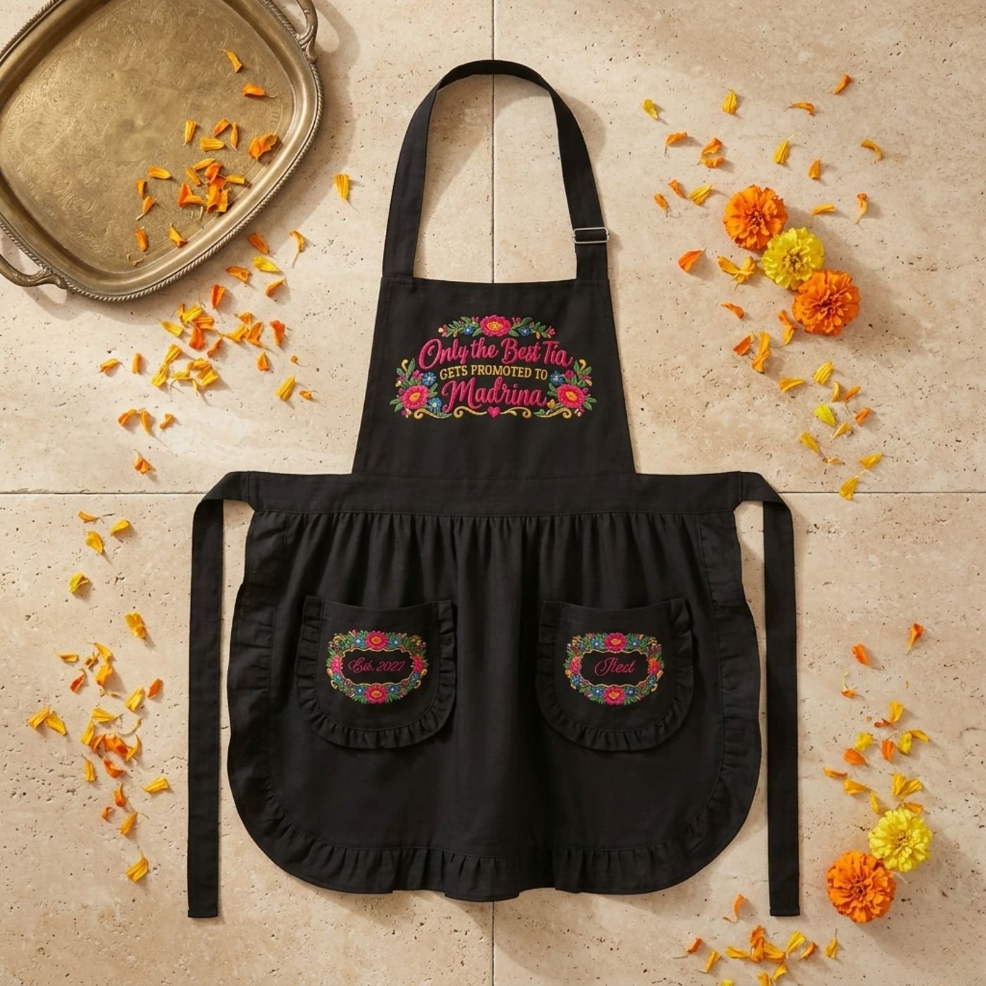 Only the best tia gets promoted to madrina black apron flatlay