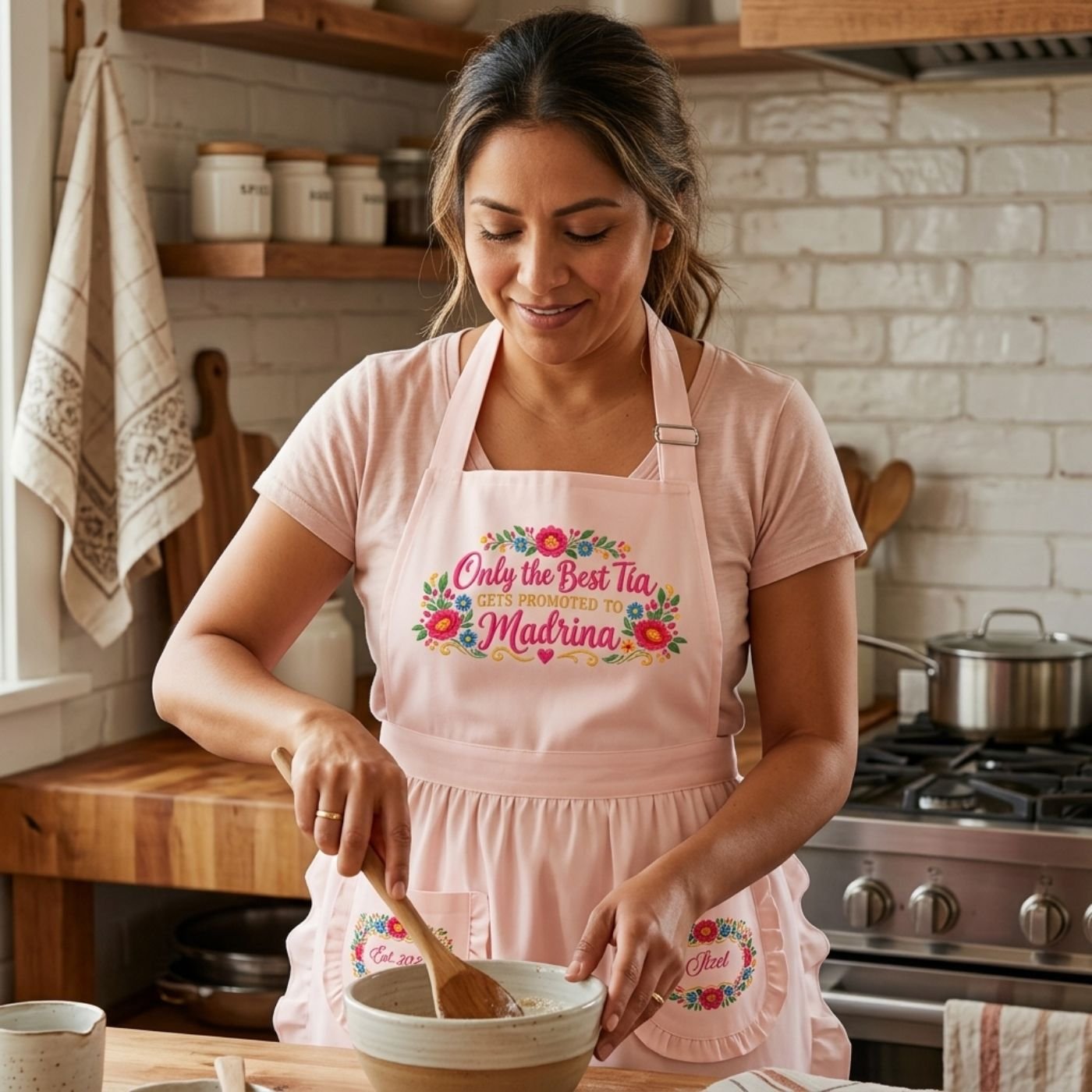 Only the best tia gets promoted to madrina pink apron
