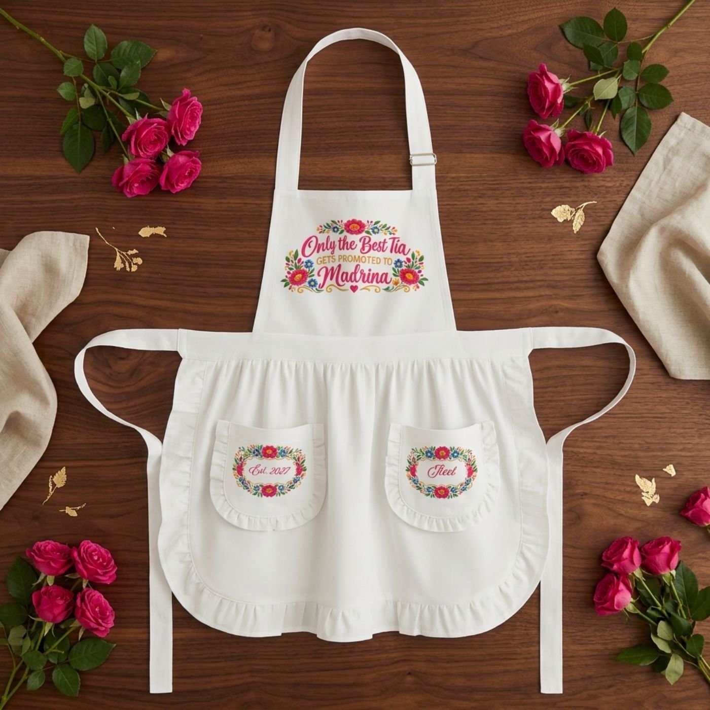 Only the best tia gets promoted to madrina white apron flatlay