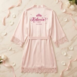 Quinceañera Blush Pink Satin Robe Back View Flatlay with Name