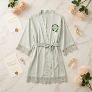 Sage Green Satin Robe Quinceañera Front