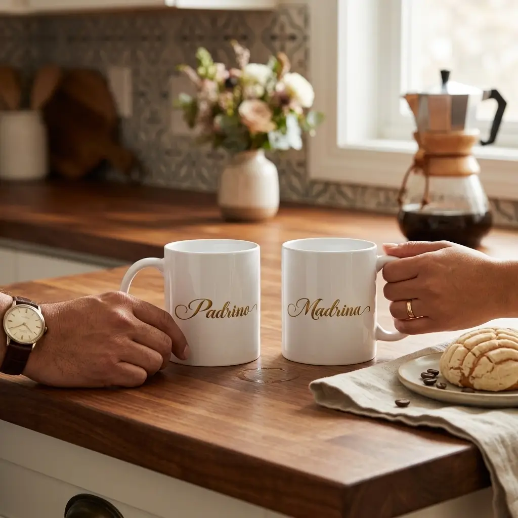 Madrina and padrino mugs on counter